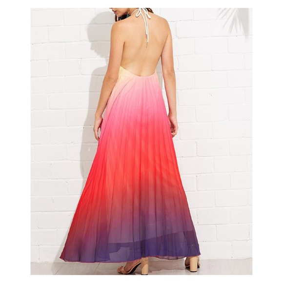 Multicolor Ombre Backless Pleated Halter Maxi Dress - Picture 4 of 4